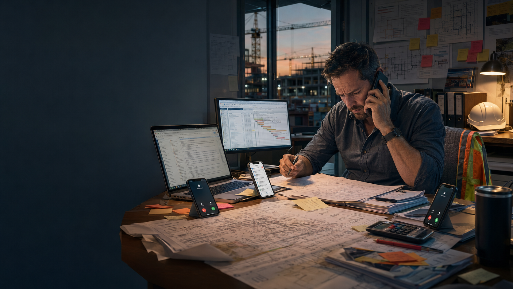 Construction manager juggling emails, schedules, phone calls, and printed plans